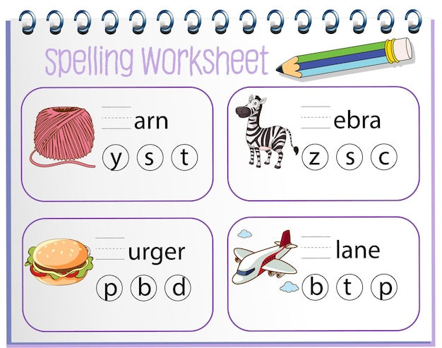 Plantilla de hoja de trabajo de ortografía para niños vector gratuito