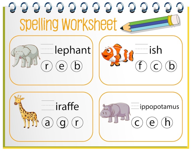 Vector gratuito plantilla de hoja de trabajo de ortografía para niños