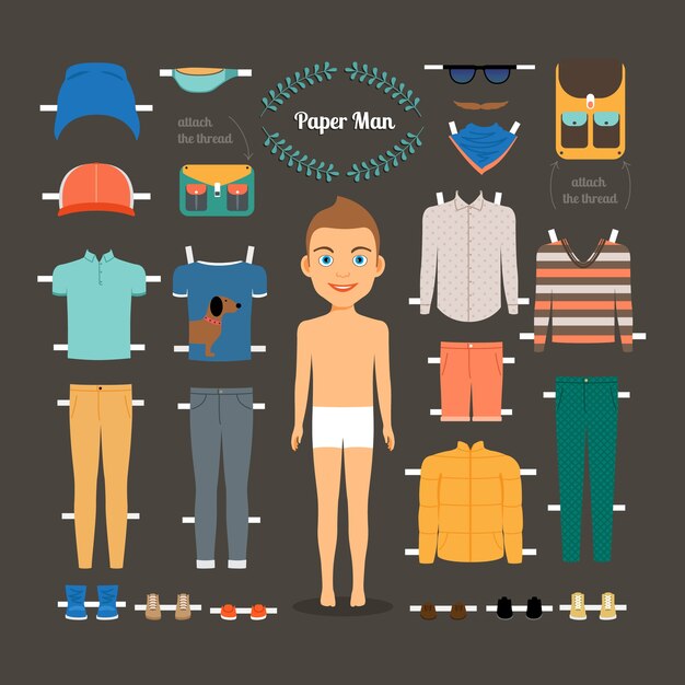 Plantilla de hombre de muñeca de papel. Zapatos y chaqueta, muñeca modelo, ropa de papel y vestido. Ilustración vectorial