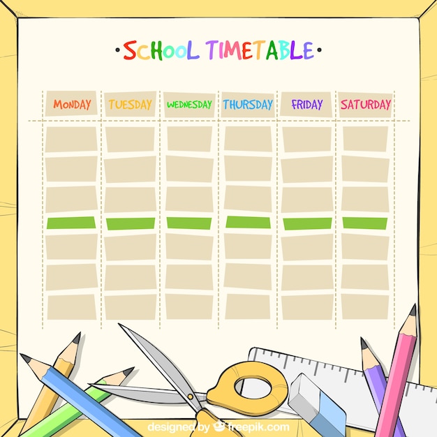 Vector gratuito plantilla de horario de colegio dibujado a mano