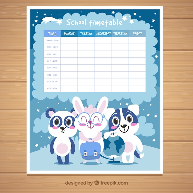 Vector gratuito plantilla de horario escolar con animales adorables