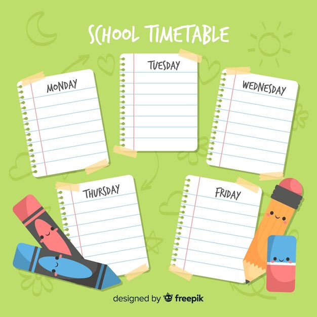 Plantilla de horario escolar en diseño plano