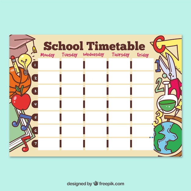 Plantilla de horario escolar con estilo de dibujo a mano