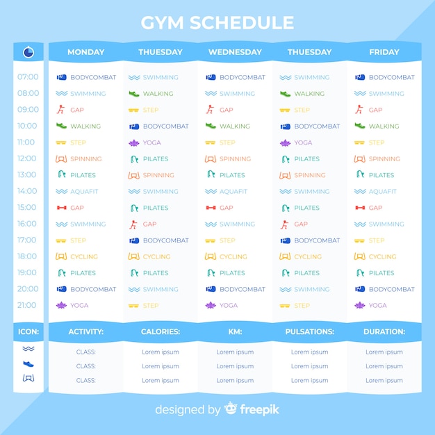 Plantilla de horario de gimnasio o fitness