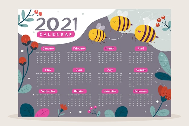 Plantilla ilustrada del calendario 2021