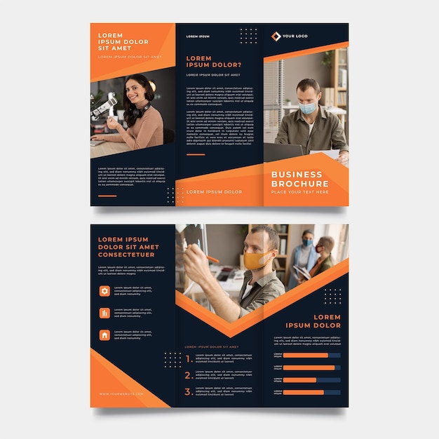 Plantilla de impresión de folleto tríptico naranja y negro