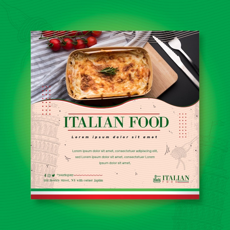Vector gratuito plantilla de impresión de volante cuadrado de comida italiana