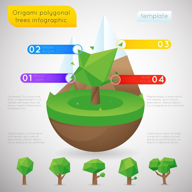 Vector gratuito plantilla de infografía de árboles poligonales de origami. orden natural del polígono, contenido estático