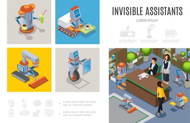 Plantilla de infografía de asistentes robóticos isométricos con robots, limpiador de barras, mensajero, ama de casa, máquinas inteligentes que ayudan a las personas en los negocios y los servicios hoteleros
