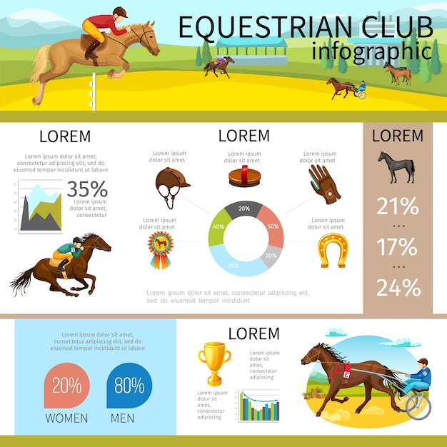 Plantilla de infografía del club ecuestre de dibujos animados con jinetes montando caballos gorra guante herradura medalla cepillo diagrama gráficos