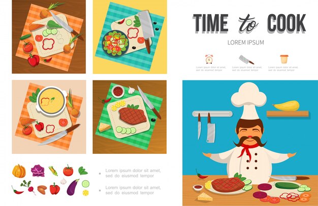 Plantilla de infografía de cocina plana de alimentos saludables con queso de carne de verduras de chef en cuchillos de tabla de cortar