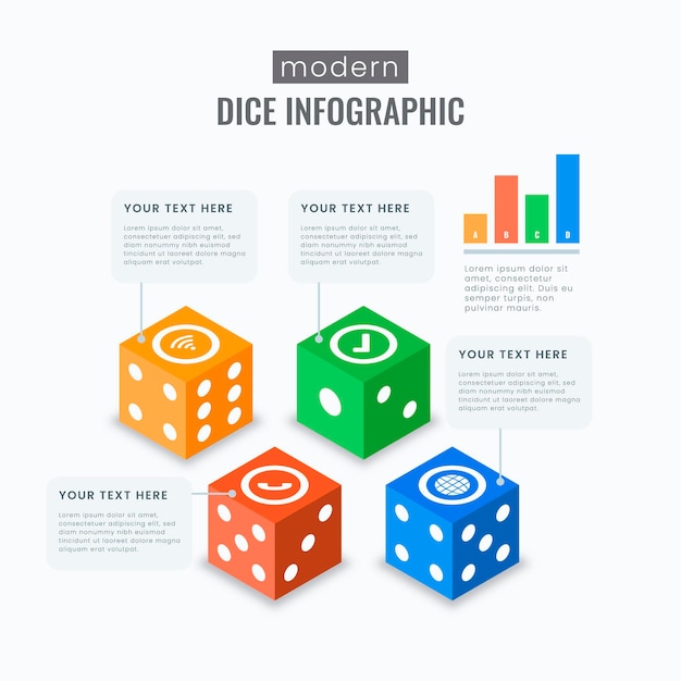 Vector gratuito plantilla de infografía dados coloridos