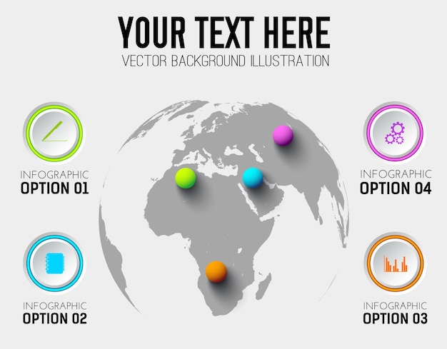 Plantilla de infografía empresarial abstracto con iconos de círculos y bolas de colores en el mapa del mundo