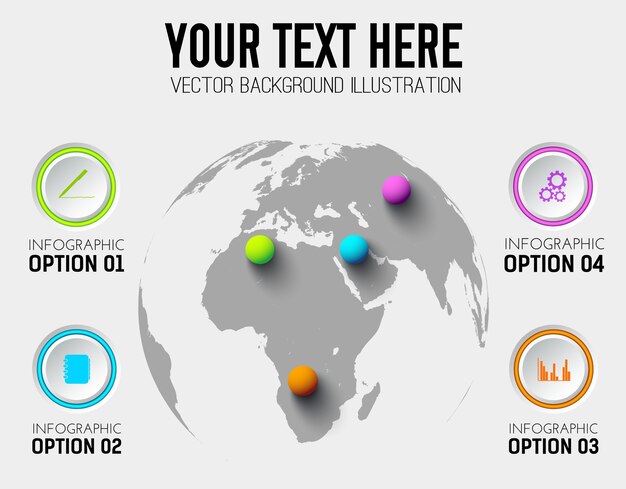 Plantilla de infografía empresarial abstracto con iconos de círculos y bolas de colores en el mapa del mundo