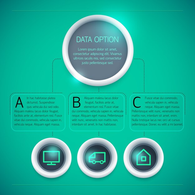 Plantilla de infografía empresarial geométrica con iconos de texto de círculos tres opciones sobre fondo verde aislado