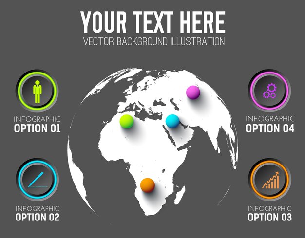 Plantilla de infografía empresarial con iconos de botones redondos y bolas de colores en el mapa mundial