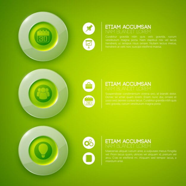 Plantilla de infografía empresarial con texto tres círculos e iconos brillantes