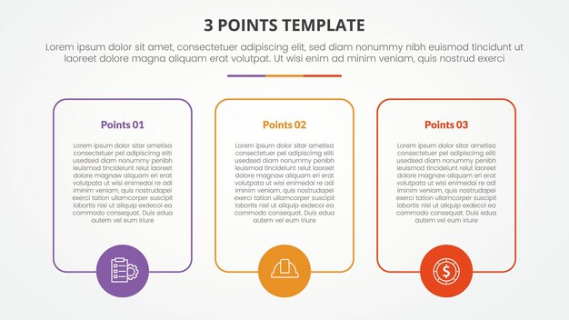 plantilla de infografía de etapa de 3 puntos concepto para presentación de diapositivas con contorno de caja grande con círculo en la parte inferior con lista de 3 puntos con estilo plano