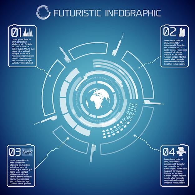 Plantilla de infografía futurista virtual con texto de globo de interfaz de usuario e iconos sobre fondo azul