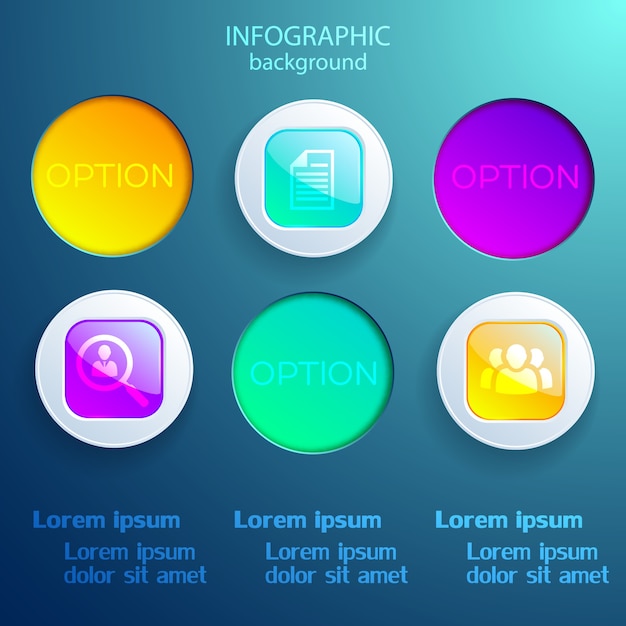 Vector gratuito plantilla de infografía con iconos de negocios coloridos elementos cuadrados y redondos aislados