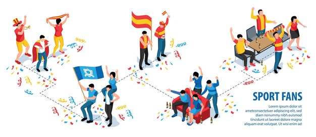 plantilla de infografía isométrica con grupos de aficionados al deporte animando a sus equipos favoritos ilustración vectorial 3d