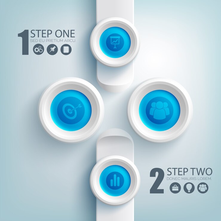 Vector gratuito plantilla de infografía limpia con iconos de negocios en botones redondos azules y rectángulos grises