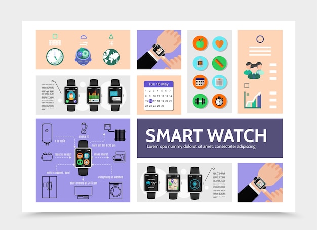 Plantilla de infografía moderna de reloj plano inteligente