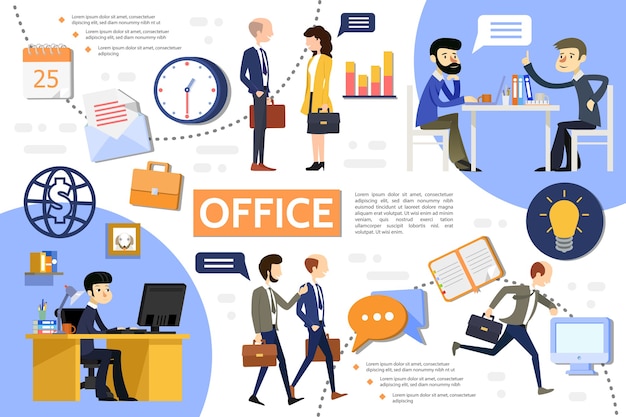 Plantilla de infografía de oficina de negocios plana con gerentes empresarios reloj lugar de trabajo
