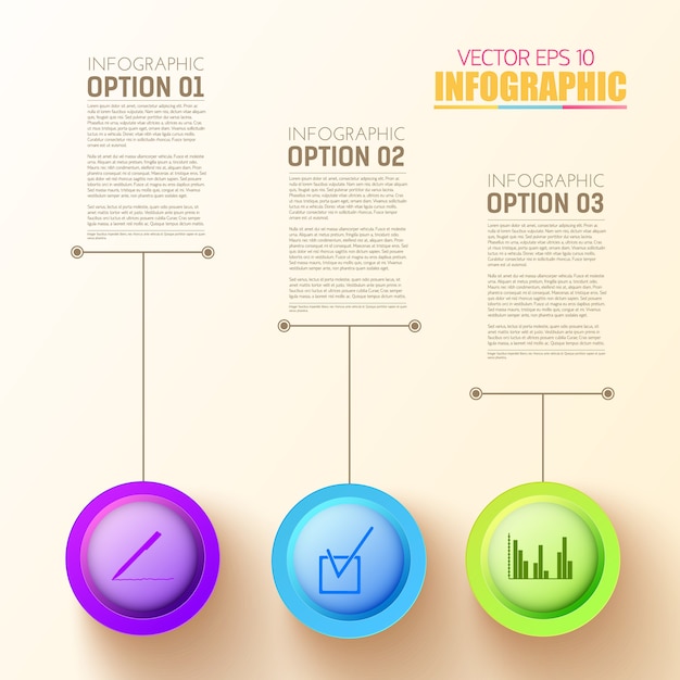 Plantilla de infografía de paso web con tres coloridos botones redondos e iconos de negocios