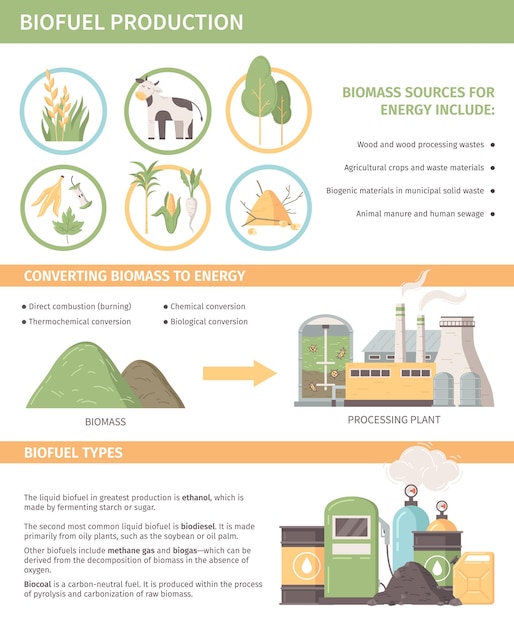 Plantilla de infografía de producción de biocombustibles que incluye métodos de conversión de fuentes de biomasa secciones de tipos de biocombustibles ilustración vectorial plana
