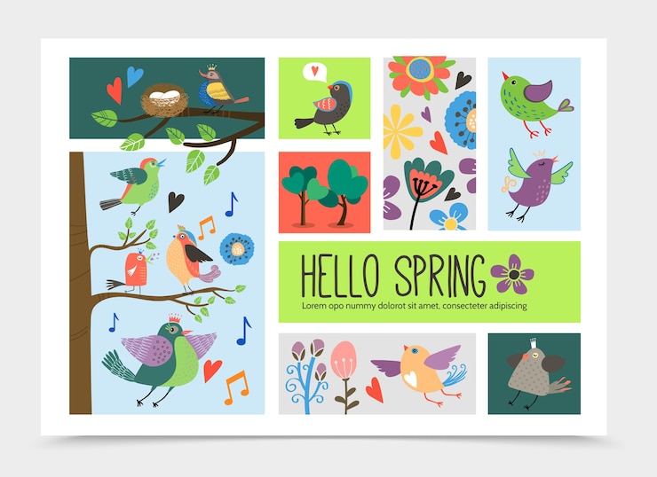 Vector gratuito plantilla de infografía romántica plana de primavera con volar y sentarse en las ramas de los árboles hermosos pájaros lindos