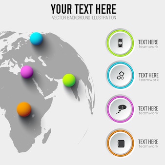 Plantilla de infografía web global con iconos de negocios de círculos grises y bolas de colores en el mapa mundial
