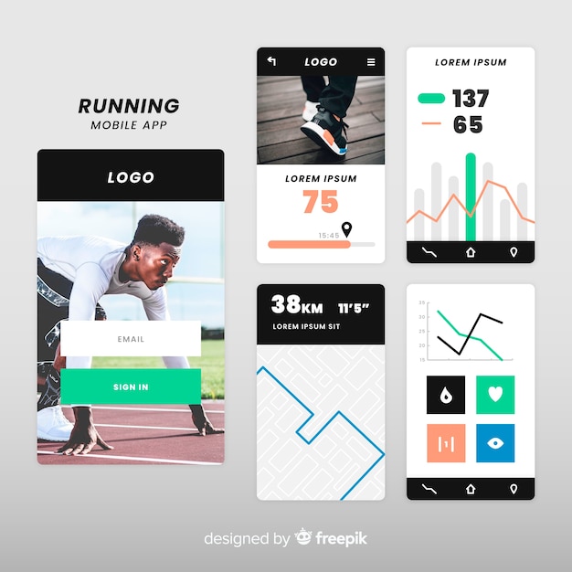 Vector gratuito plantilla de infografías de aplicación móvil de running