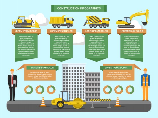 Plantilla de infografías de construcción con diagramas de reparación de carreteras de maquinaria de construcción de personal