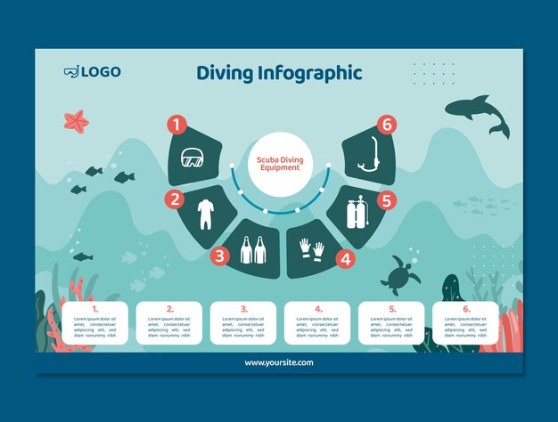 Plantilla infográfica de buceo dibujada a mano