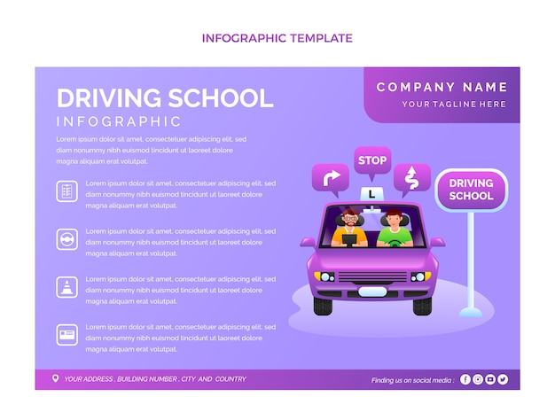 Plantilla infográfica de escuela de conducción con degradado