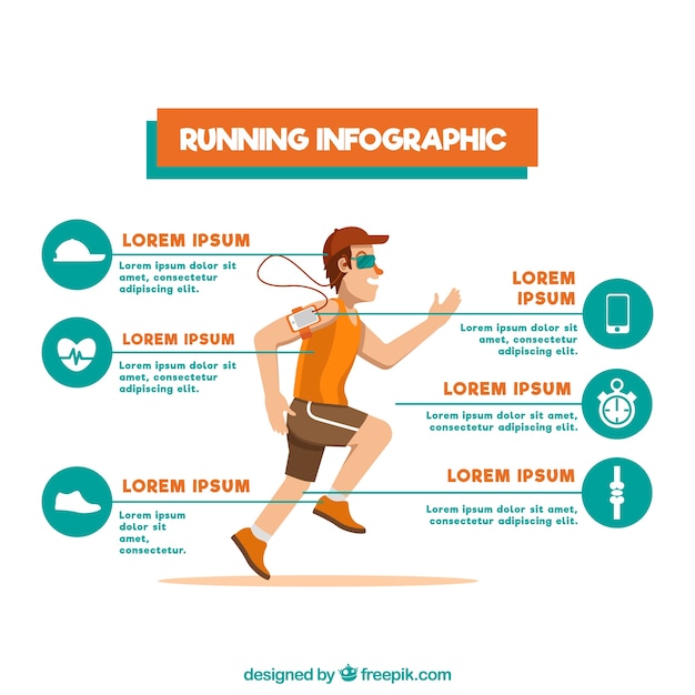 Plantilla infográfica plana con hombre corriendo y diferentes opciones