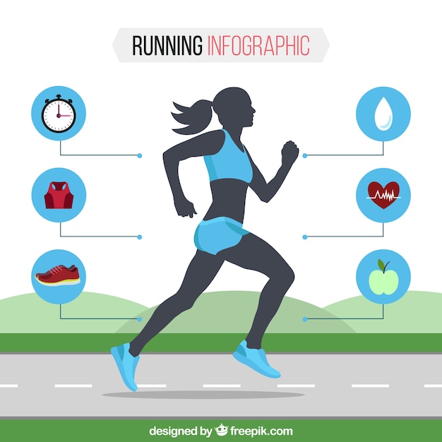 Plantilla infográfica plana con mujer corriendo y detalles azules