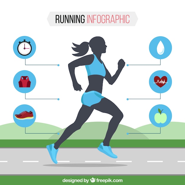 Vector gratuito plantilla infográfica plana con mujer corriendo y detalles azules