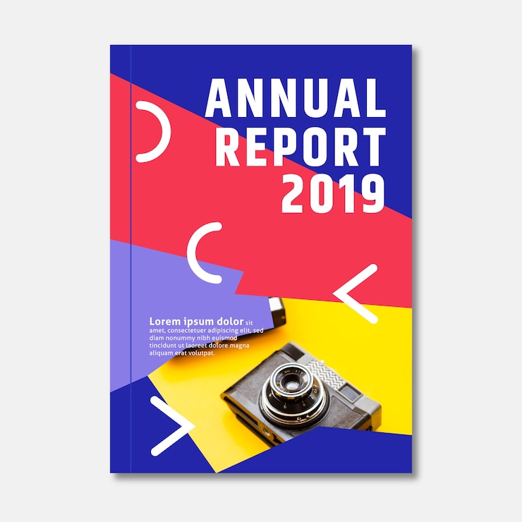 Vector gratuito plantilla de informe anual y cámara retro