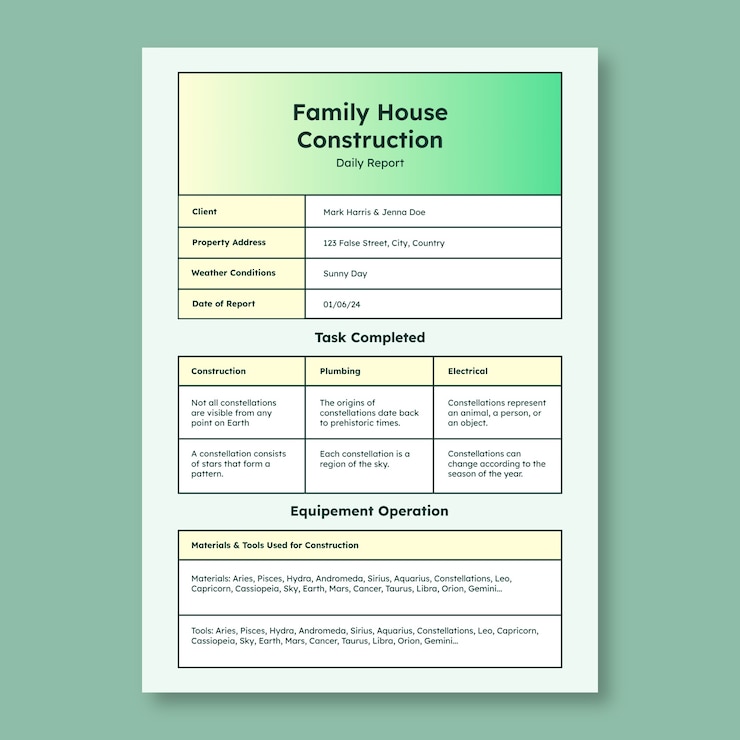 Vector gratuito plantilla de informe diario de construcción de casas familiares de cuadrícula duotónica