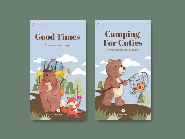 Vector gratuito plantilla de instagram con concepto de verano de campamento de animalesestilo acuarela