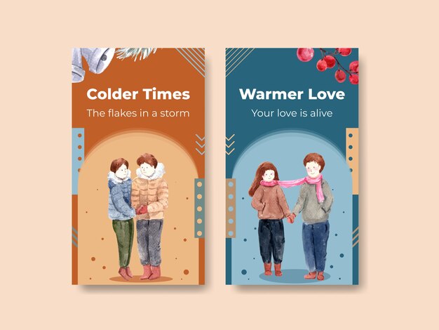 Plantilla de instagram con diseño de concepto de amor de invierno para redes sociales e internet ilustración de vector de acuarela