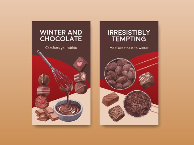 Plantilla de instagram con diseño de concepto de invierno de chocolate para marketing en línea y redes sociales ilustración vectorial de acuarela