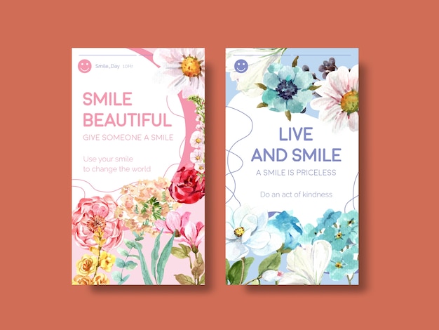 Plantilla de instagram con diseño de ramo de flores para el concepto del día mundial de la sonrisa en las redes sociales y la ilustración de vector de acuarela de la comunidad.