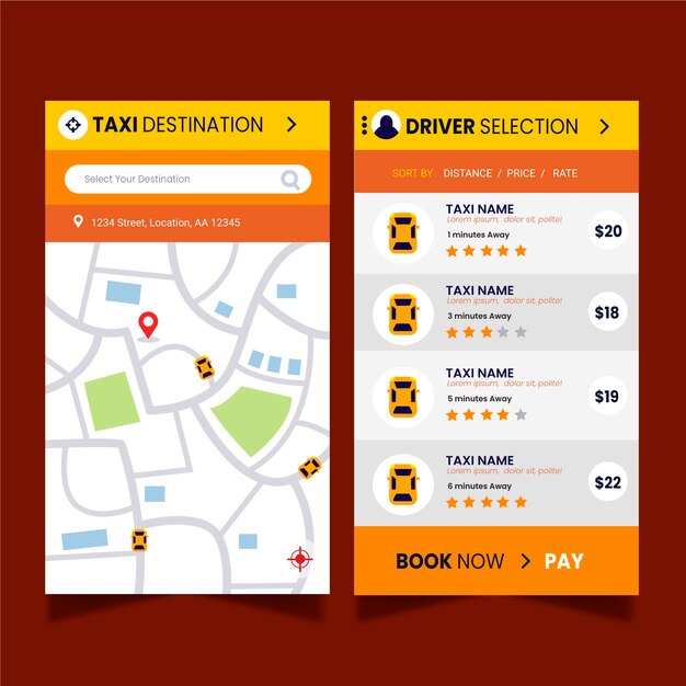 Plantilla para interfaz de aplicación de taxi