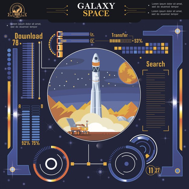 Plantilla de interfaz espacial futurista plana con indicadores y opciones de lanzamiento de cohetes