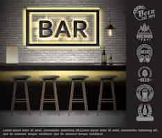 Vector gratuito plantilla interior de bar realista con botellas de bebidas alcohólicas en el menú del mostrador, sillas de letrero de neón y etiquetas de cervecería