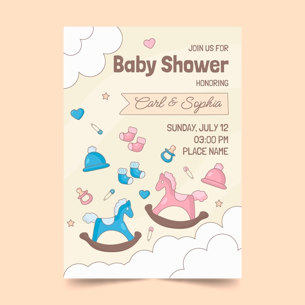 Plantilla de invitación de baby shower dibujada a mano