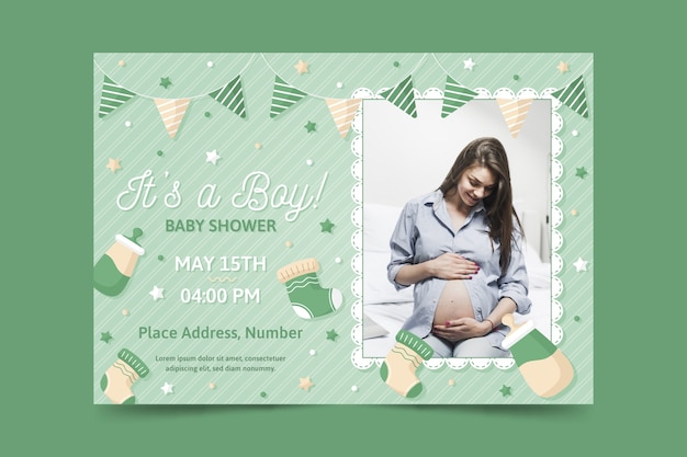 Vector gratuito plantilla de invitación de baby shower con foto de madre embarazada